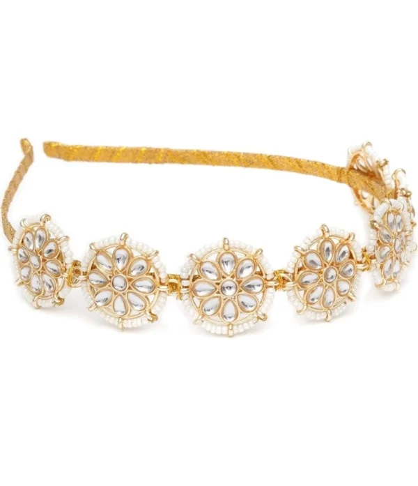 Gold kundan hairband with pearl and mirror work for women & Girls