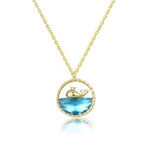 Gold Whale Pendant Necklace with Blue Ocean Gemstone