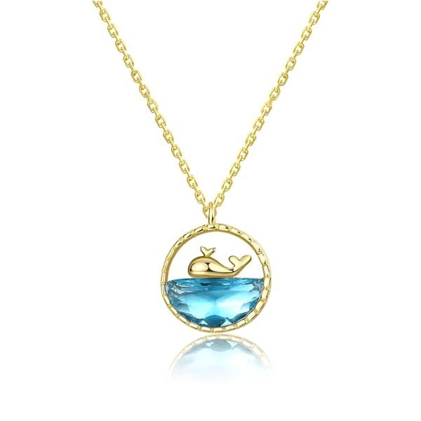 Gold Whale Pendant Necklace with Blue Ocean Gemstone