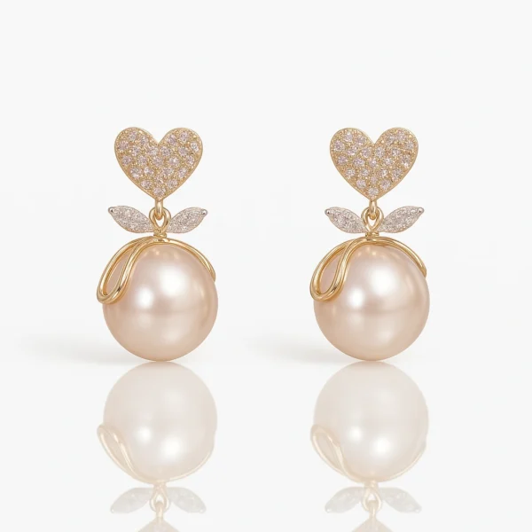 Romantic gold pearl drop earrings with heart and leaf design – Trendy Tash