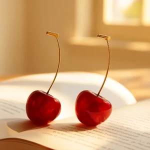 Bold red cherry-shaped drop earrings with gold stems – quirky fruit-inspired jewelry