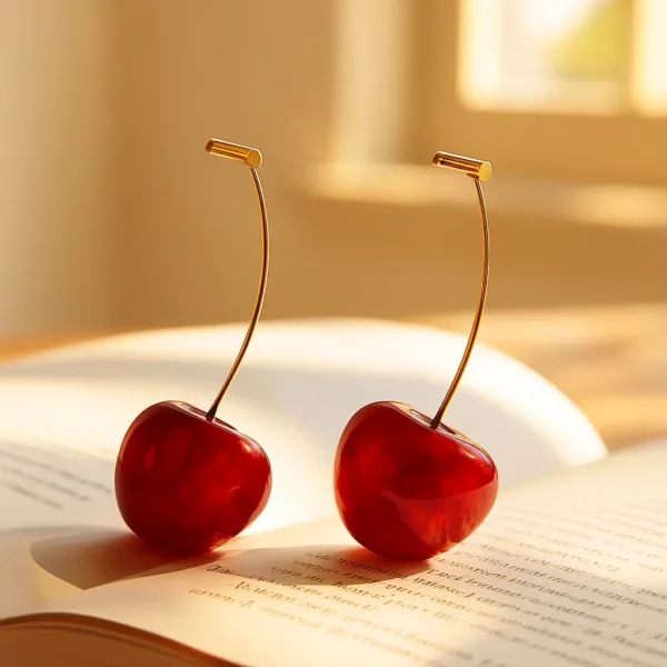 Bold red cherry-shaped drop earrings with gold stems – quirky fruit-inspired jewelry
