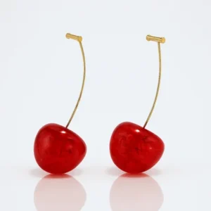 Bold red cherry-shaped drop earrings with gold stems – quirky fruit-inspired jewelry