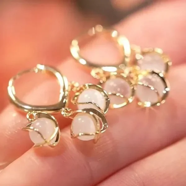 Soft pink gemstone hoop earrings with gold frame – elegant lightweight fashion jewelry