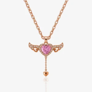 Rose gold chain angel wing heart pendant necklace with pink gemstone and drop heart charm – bold statement jewelry for women.