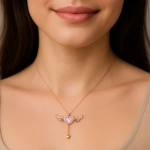 Rose gold chain angel wing heart pendant necklace with pink gemstone and drop heart charm – bold statement jewelry for women.