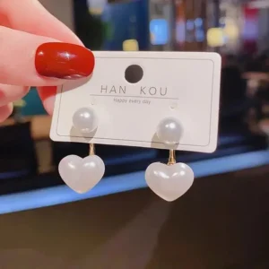 White pearl stud heart drop earrings for girls – cute Korean-style daily wear jewelry.