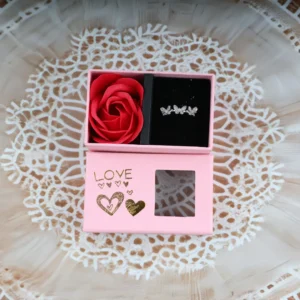 Silver butterfly ring with red rose and love gift box, cute jewelry gift for girlfriend or best friend.