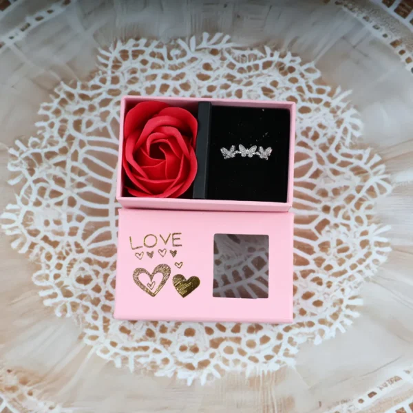 Silver butterfly ring with red rose and love gift box, cute jewelry gift for girlfriend or best friend.