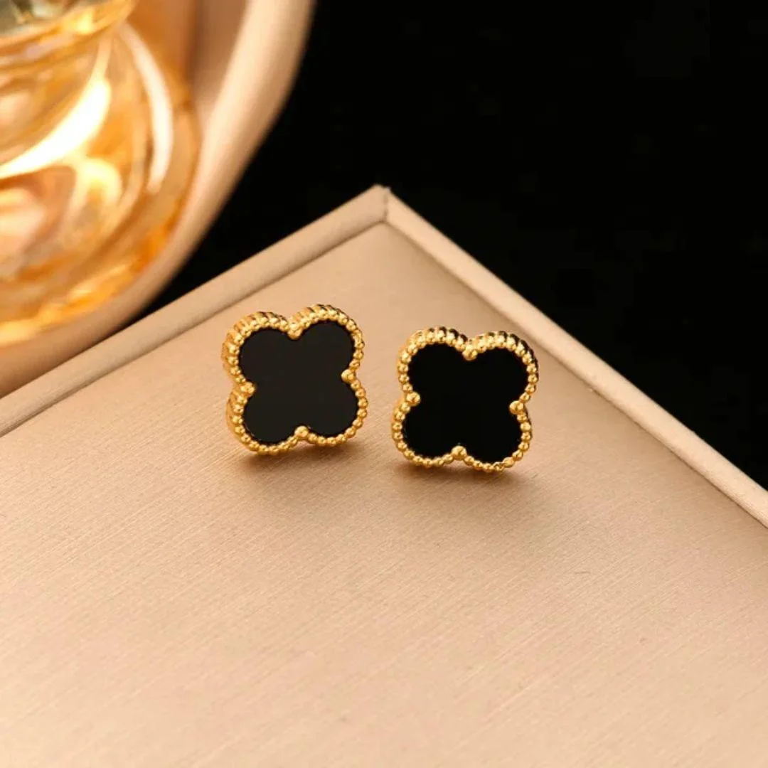 Elegant black clover stud earrings with gold trim – minimal daily wear jewelry for women