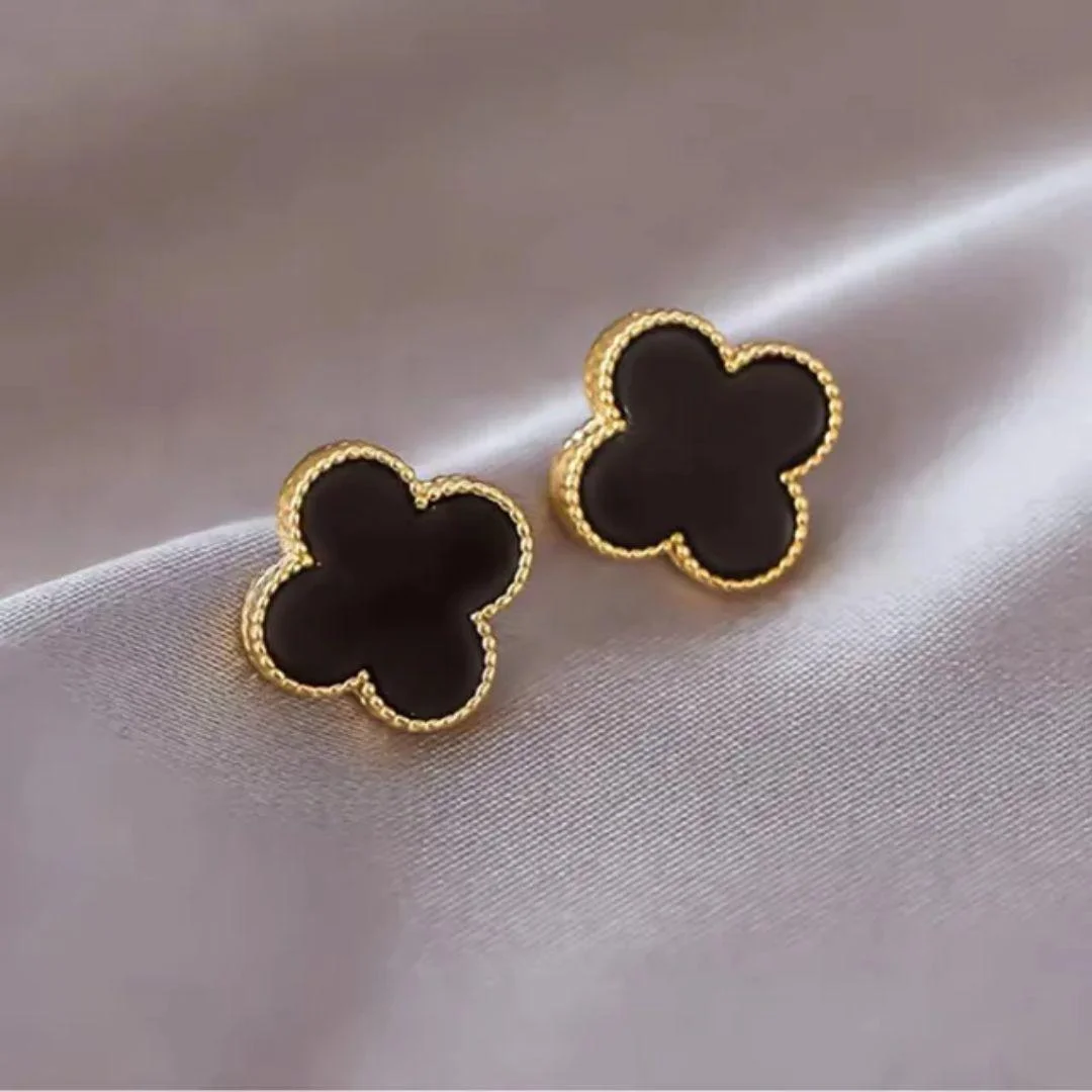 Elegant black clover stud earrings with gold trim – minimal daily wear jewelry for women