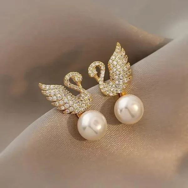 Swan Design Pearl Drop Earrings – Gold Finish Studs with Sparkling Stones for Women
