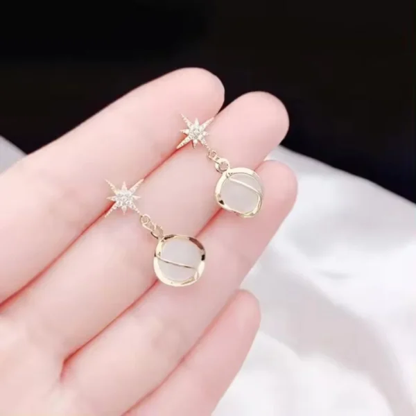 Dainty gold earrings with star studs and opal drop charm – celestial-inspired jewelry for girls