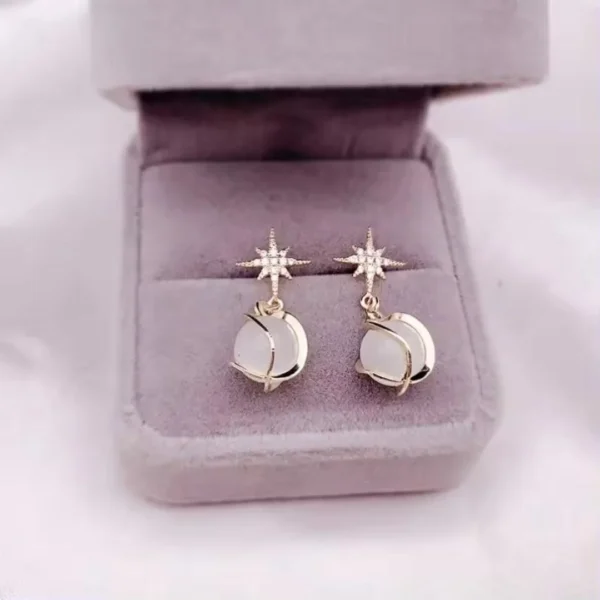 Dainty gold earrings with star studs and opal drop charm – celestial-inspired jewelry for girls