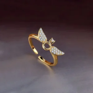 Gold ring with angel wing design and zircon stones, adjustable ring for women and girls