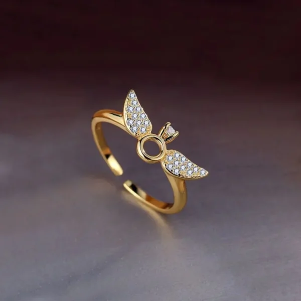 Gold ring with angel wing design and zircon stones, adjustable ring for women and girls