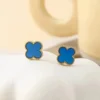 Anti-tarnish blue clover-shaped stud earrings for girls, minimal daily wear jewelry with gold border.