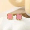 Cute pink enamel clover stud earrings for girls with anti-tarnish gold finish