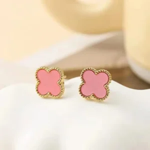 Cute pink enamel clover stud earrings for girls with anti-tarnish gold finish