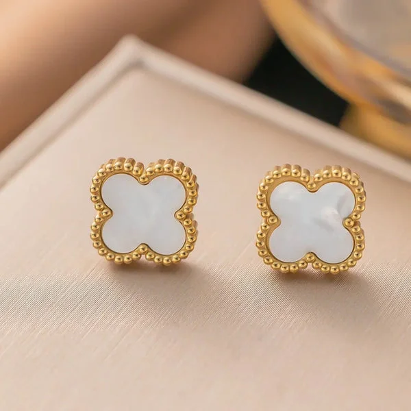 White clover stud earrings with gold border, anti-tarnish minimal jewelry for everyday wear.