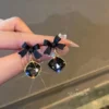 Black ribbon bow earrings with sparkly crystal drop, trendy daily wear jewelry for girls