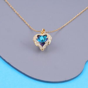 Titanic-inspired blue heart crystal necklace with gold chain for women, glamorous party wear