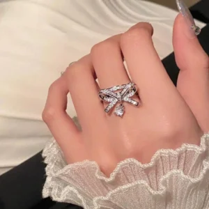 Adjustable silver bow ring with crystal drop charm for women, party wear finger ring