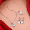 3-piece heart jewelry set with crystal necklace, earrings, and ring for women, silver tone