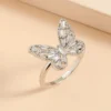 Bold butterfly-shaped silver ring with crystal stones, statement finger ring for women