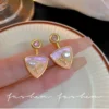 Cute retro pastel enamel earrings with pearl and floral design, gold-toned triangular studs for girls and women