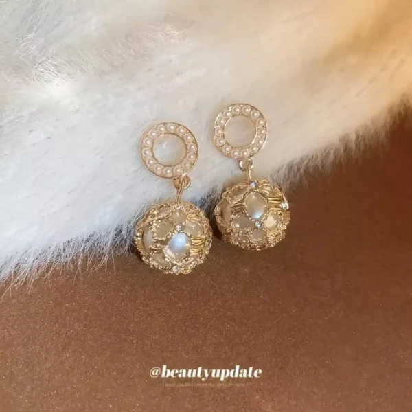 Gold halo pearl drop earrings with crystal and stone detailing for women, party wear danglers