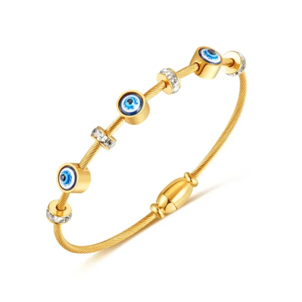 Gold-tone stainless steel evil eye bracelet for women with zircon beads, adjustable kada