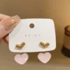 Pink and gold heart stud earrings for girls, minimal daily wear cute jewelry